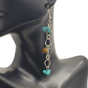 Long Turquoise Pebble Chain Dangle Drop Hook Pierced Earrings